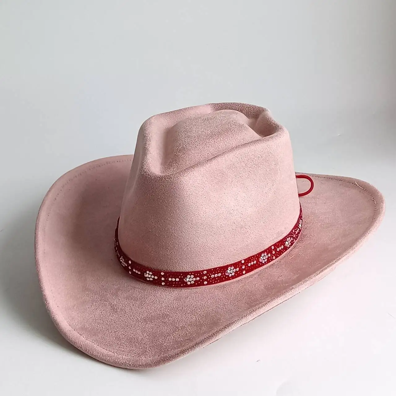 Dusty Pink Faux Suede Cowgirl Hat Sparkling Crystal Rhinestone Red Band Wide Curved Brim Wind Lanyard Women Concert Club Festiva