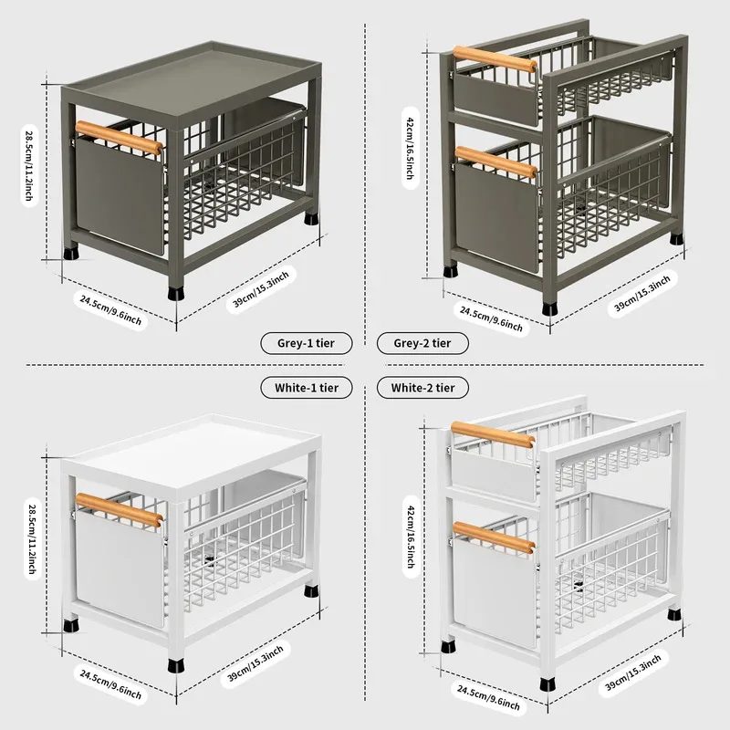 1/2-Tier Pull-Out Kitchen Cabinet Storage Rack Slide-Out Under-Sink Drawer Basket for Spices Cleaning and Household Items