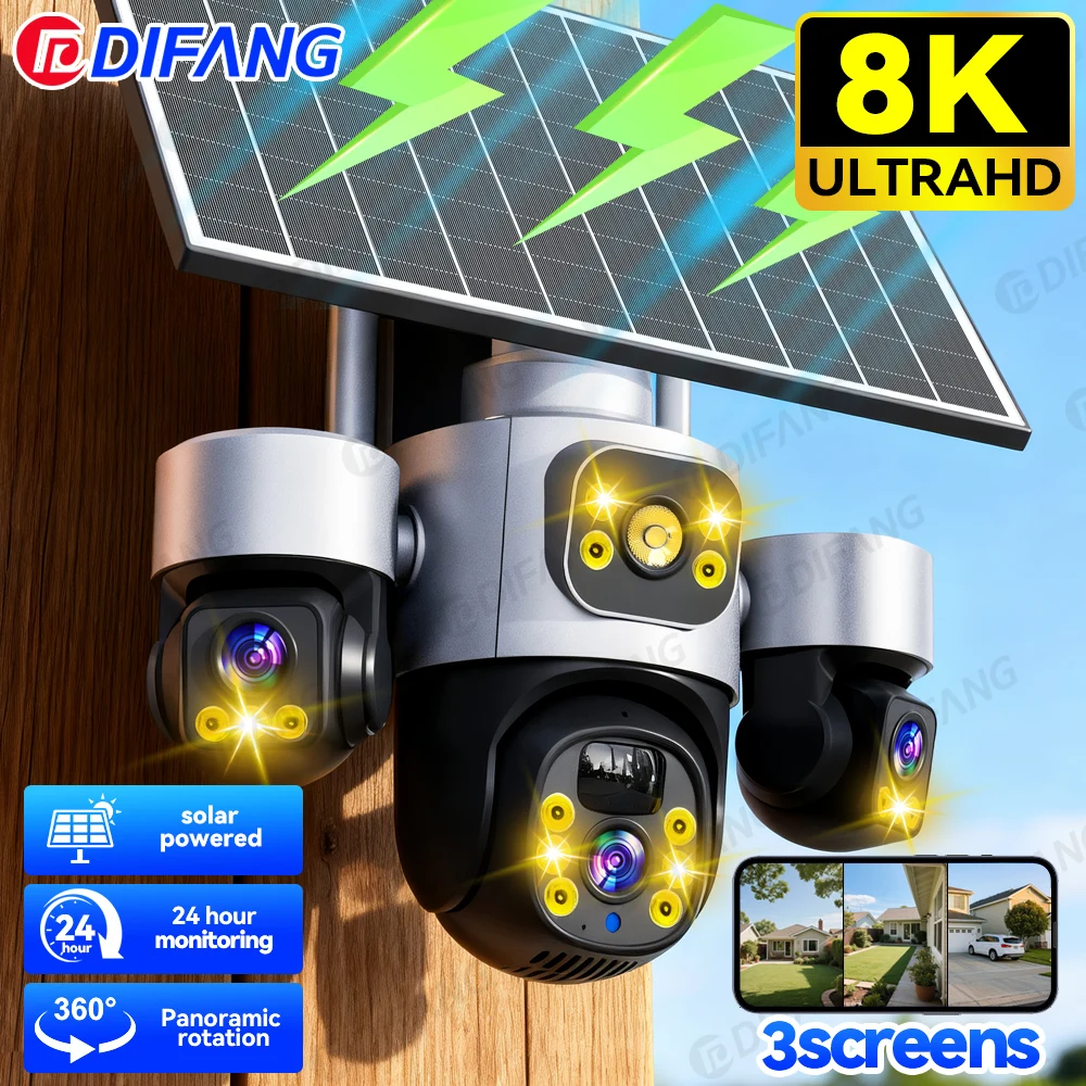 

AOV 8K 15MP 4G Solar Security Camera, 3 Screen 3 Lens PTZ with 16X Zoom, Wireless Outdoor CCTV for Home Surveillance