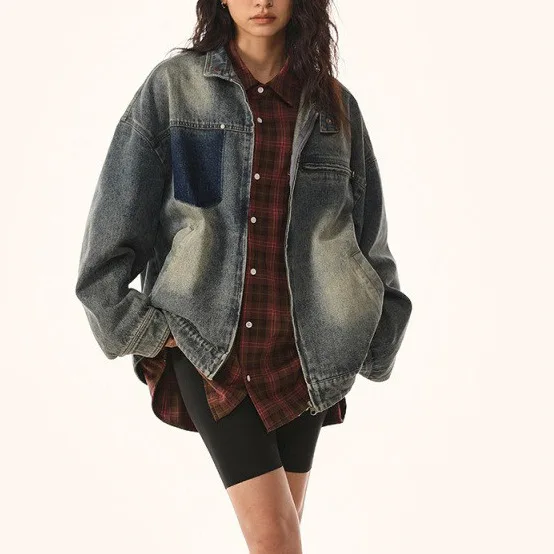 

Denim Jacket Women Streetwear Coat Zipper Stand Collar Pockets Washed Vintage Distressed Overcoat 2025 Autumn Female Outerwear