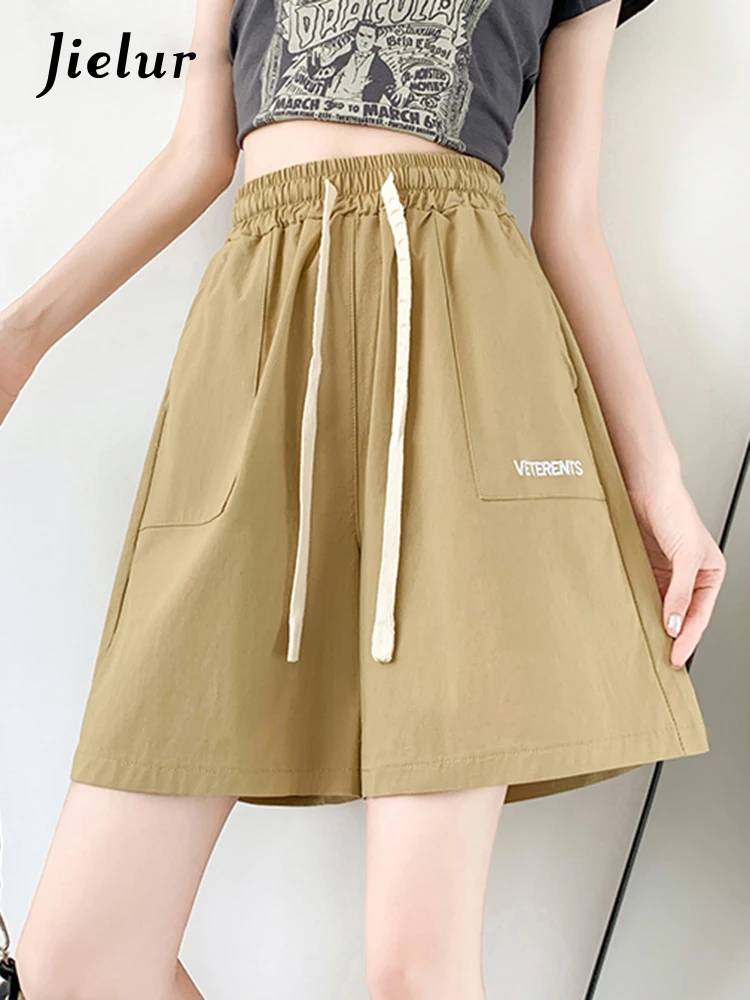 Jielur Casual Pure Color Summer Female Shorts New Loose Sport High Waist Lace-up Pockets Women's Shorts Fashion Office Ladies