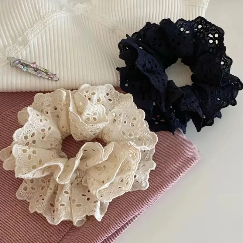

Elegant Lace Scrunchie Hair Band for Women, Embroidered Hollow Double-Layer Ponytail Holder, Solid Color Hair Ring for Daily Use