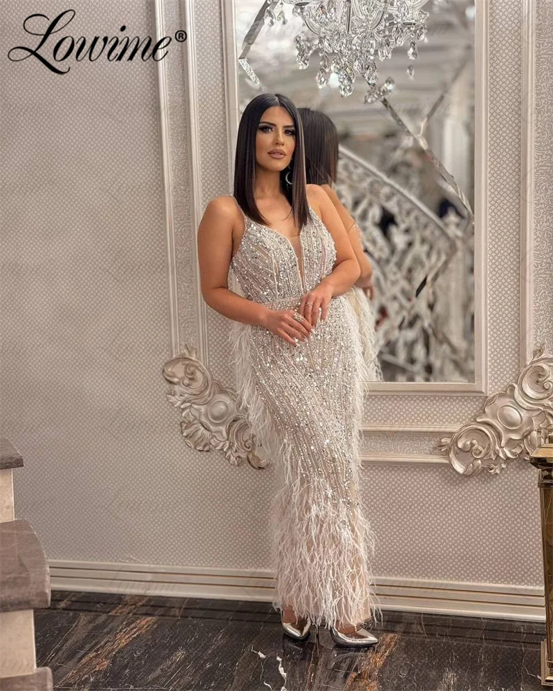 Feathers Arabic Party Dress Full Beading Crystals Evening Gowns Off White Spaghetti Straps Celebrity Dresses Luxury Prom Dress