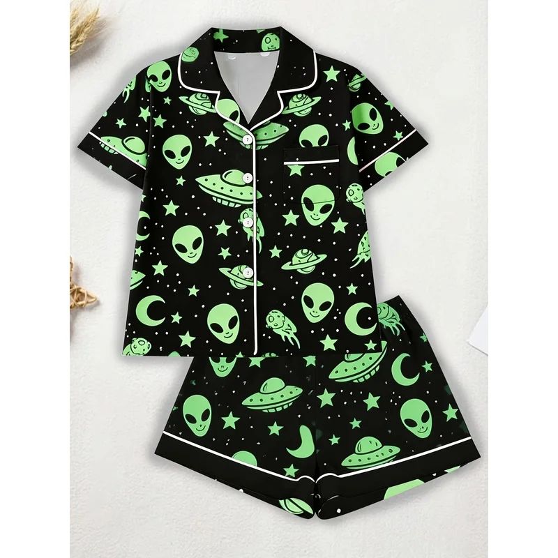 Women's Alien Planet Space Print Pajama Set Short Sleeve Button Up Shirt Shorts Soft Casual Sleepwear Loungewear Homewear
