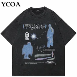 Men's T-Shirt Washed Black Vintage Streetwear Oversized Print Korean Fashion Cotton Graphic Escape Unisex Tops Tees Y2K Clothing