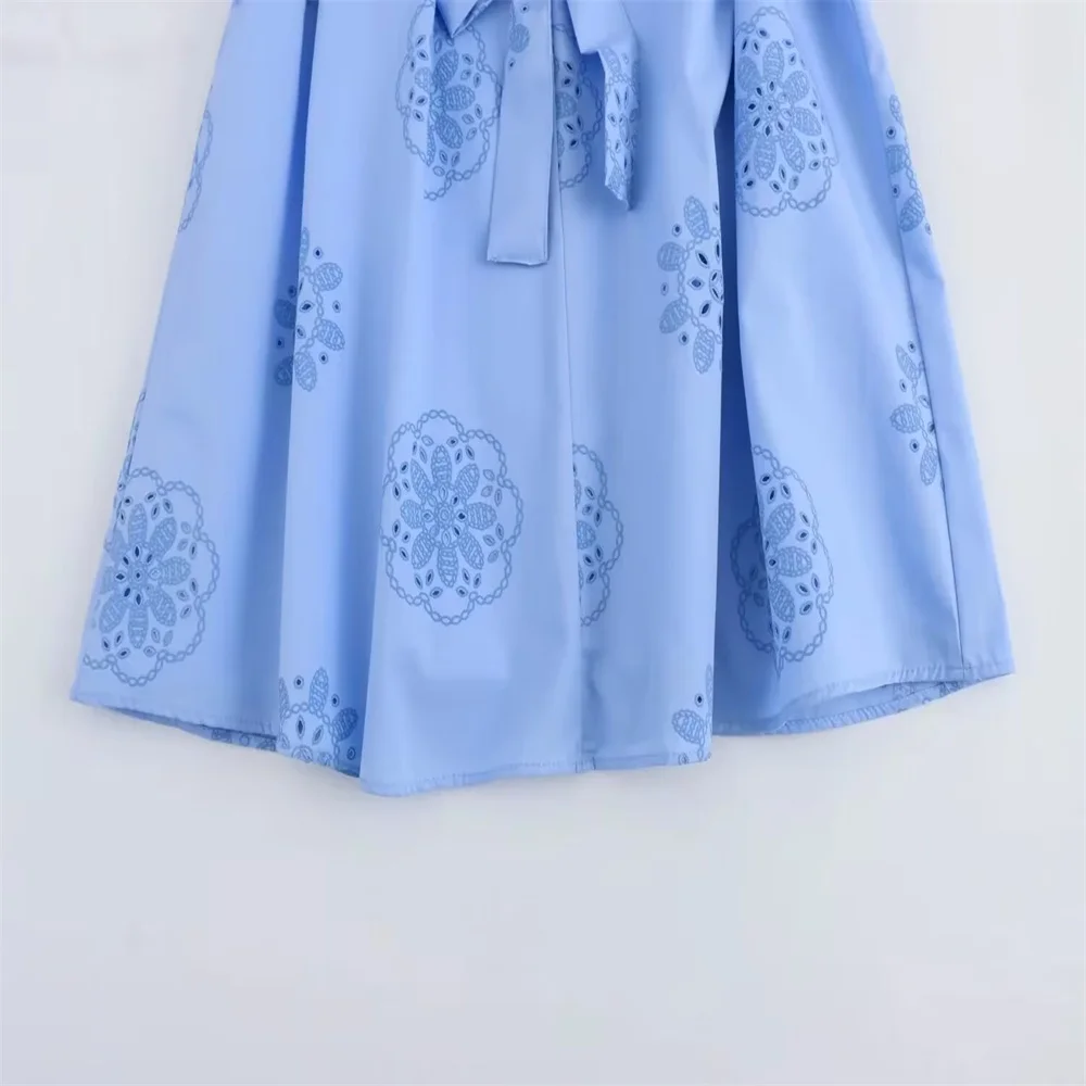 Summer new blue V-neck embroidered decoration fluffy long sleeved poplin dress with pressure glue