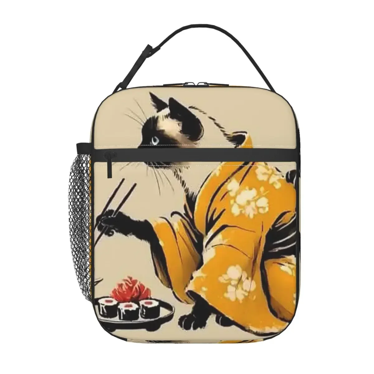 A Cat In A Kimono Eating Sushi Insulated Lunch Bag for Women Office Cooler Thermal Food Box Tote Portable Lunch Boxes Container