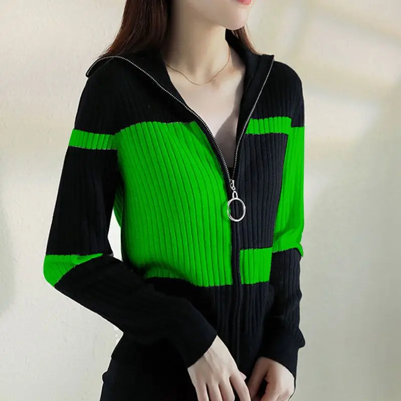 Koreańska kurtka z dzianiny na jesień Nowa kurtka z długim rękawem Slim Contrast All-match Fashion Zipper Cardigan Vintage Casual Odzież damska