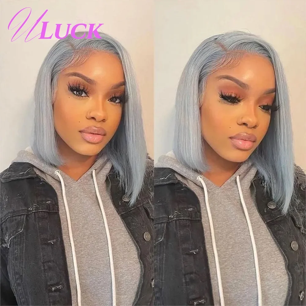 

Uluck Double Drawn Short Bone Straight Bob Wigs 13x4 Lace Frontal Wigs 200% Density Human Hair Wigs Grey Colored For Black Women
