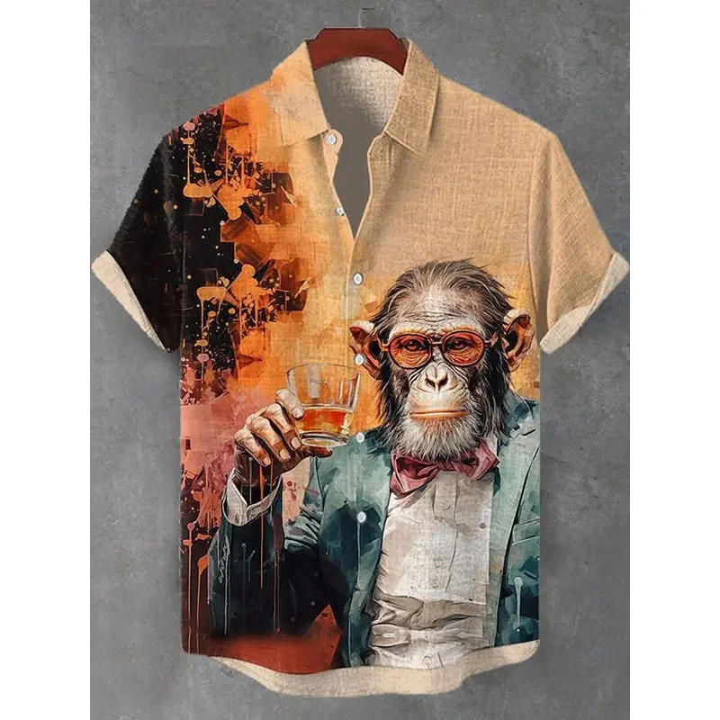 

3D Printed Funny Monkey Hawaiian Shirt For Men Animal Graphic Blouse Summer Personality Short Sleeves Lapel Tops Beach Shirts