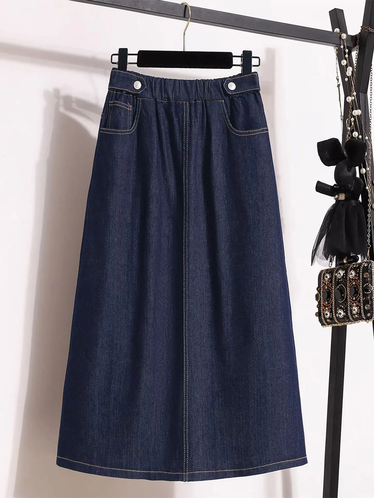 

Джинсовая юбка-трапеция для коррекции фигуры, с эластичным поясом, длинная, скрывающая бедра, весна-лето, большие размеры, женская мода