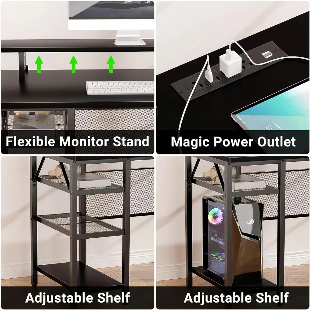 Reversible L Shaped Computer Desk with Magic Power Outlet and Smart LED Light, 55 Inch Large Office Corner Desk with Ergonomic