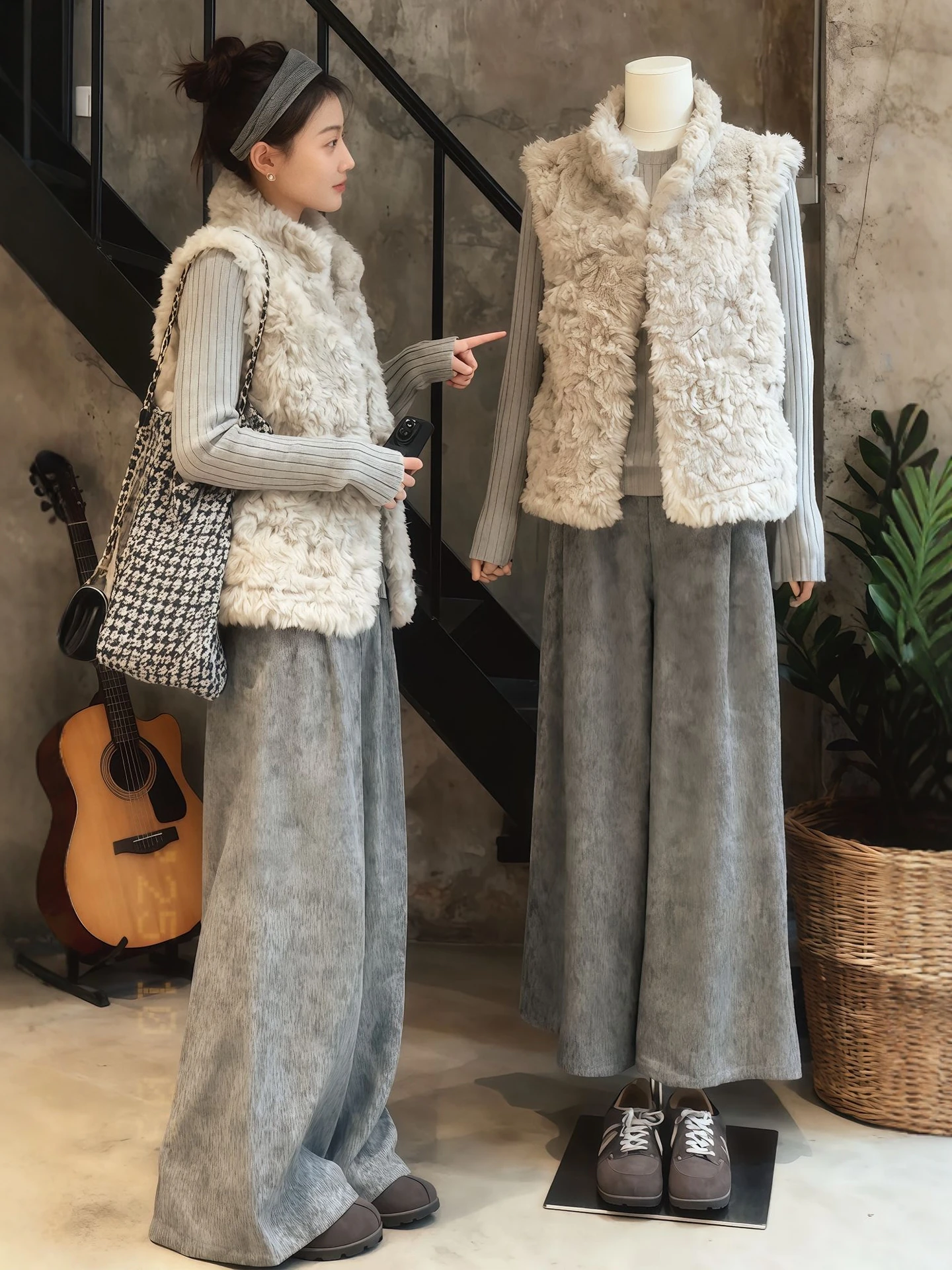 

Lazin Layering Winter Faion Set Large Size Knitted Vest eepskin Jaet Wide Leg Pants Tee Piece Suit Casual Sle