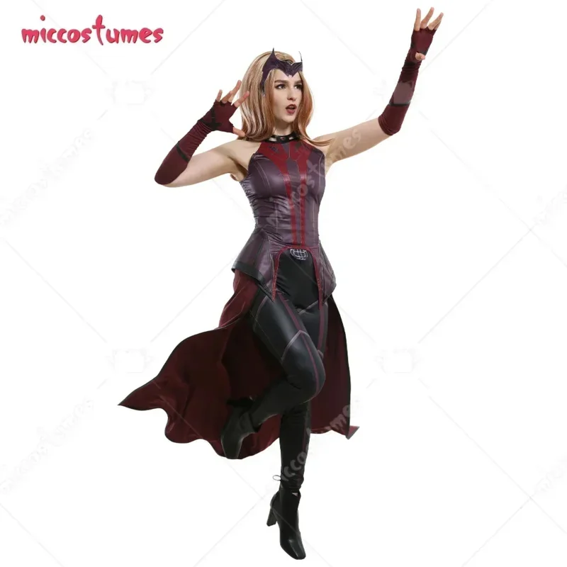 معطف CyWanda Maximoff Scarlet Witch بدون أكمام زي تنكري مستوحى من WandaVision مع تنورة خارجية وقفازات طويلة
