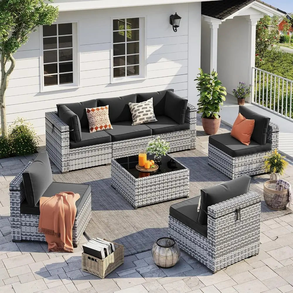 7-Piece PE Wicker Outdoor Sectional Sofa Set with Tea Table and Waterproof Cover for Patio, Garden, Backyard (Black Cushions, Gr