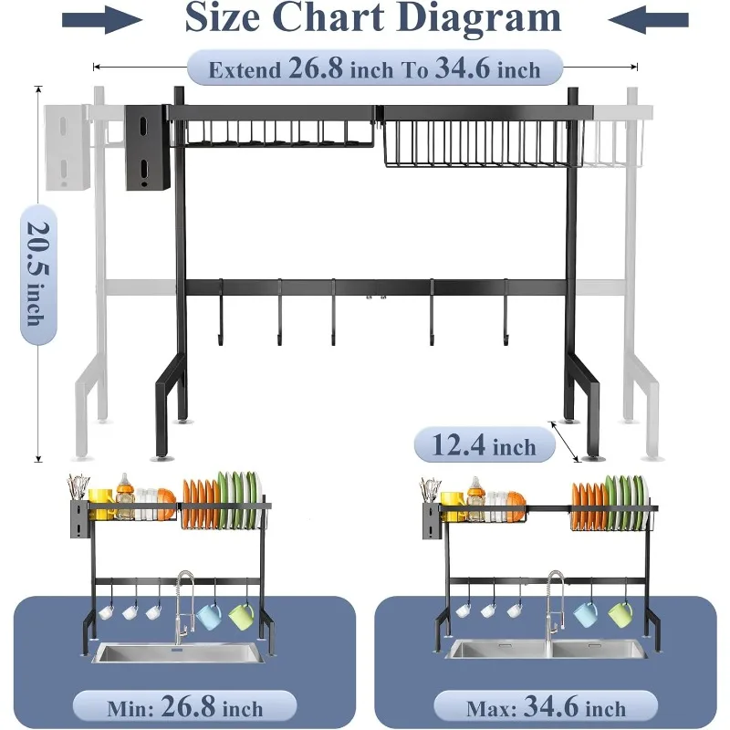 Over The Sink Dish Drainer Drying Rack - Expandable (26.8" to 34.6" W) Large Metal Dish Rack for Kitchen Counter, Kitchen