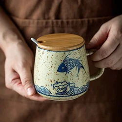 360ml Japanese Ceramic Mug With Lid And Spoon Home Coffee Cup Breakfast Milk Oatmeal Cup Underglaze Afternoon Tea Drinkware