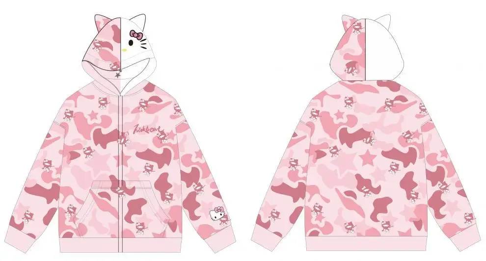 Sanrio Hello Kitty Zipper Cardigan Hoodie Y2K Cartoon Camouflage Blouse Sweatshirts Autumn Long Sleeve Sweater Jacket for Adault