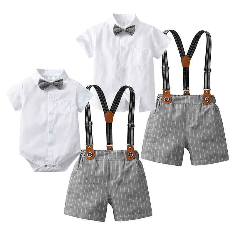 

Newborn Boys Gentleman Clothes Outfit Suit Set Baby Printed Romper + Shorts Suspender Infant kid Clothing
