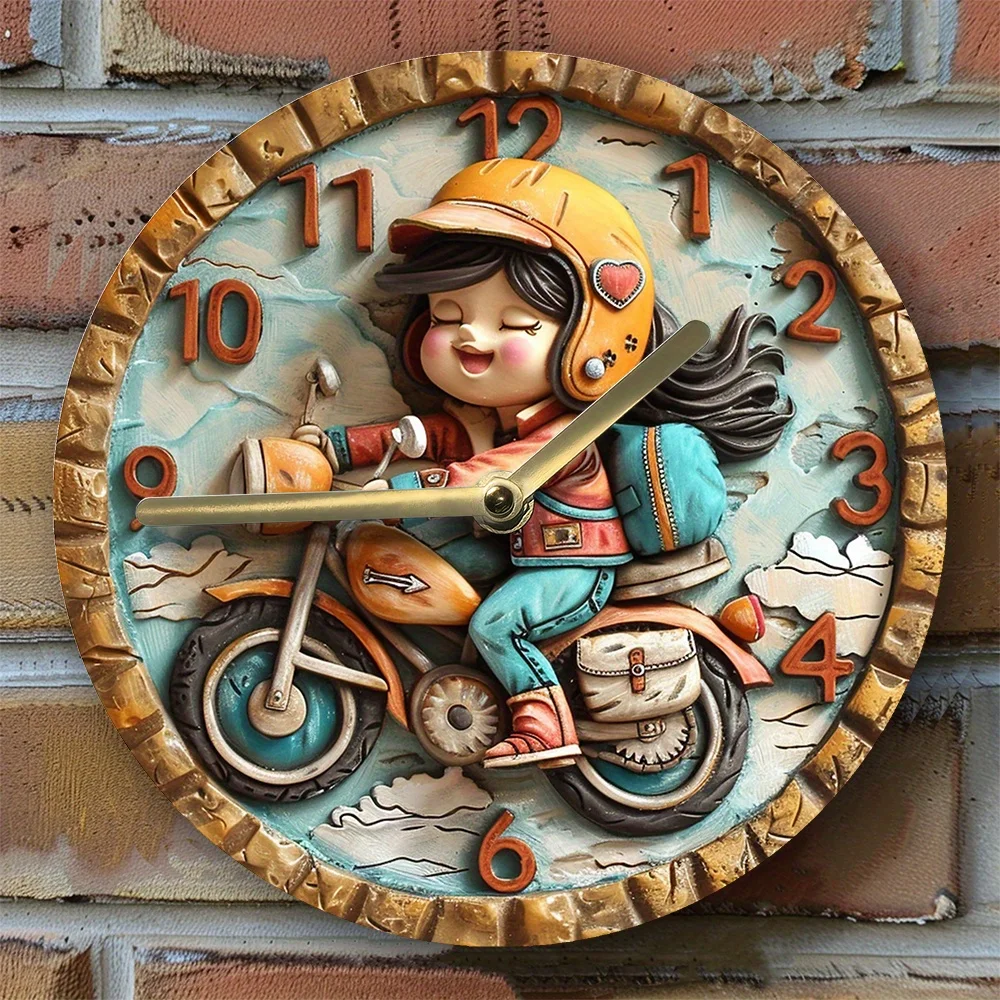 Motorcycle Girl 2D Wall Clock - DIY Assembly Kit with High-Definition Printing for Dormitory Wall Decoration, Unique Gift