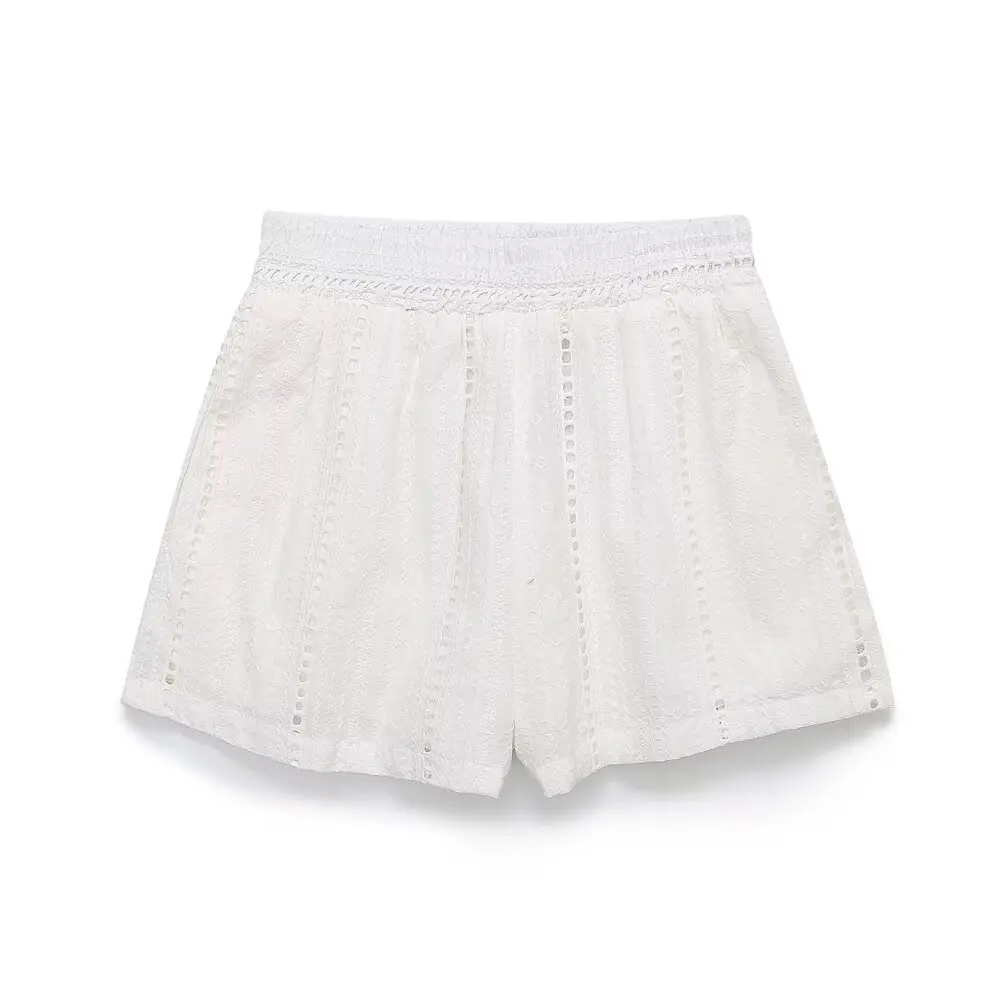 

Women's New chic Fashion Loose Side Pocket Casual Versatile Hollow Embroidery Shorts Retro Elastic Waist Women's Shorts