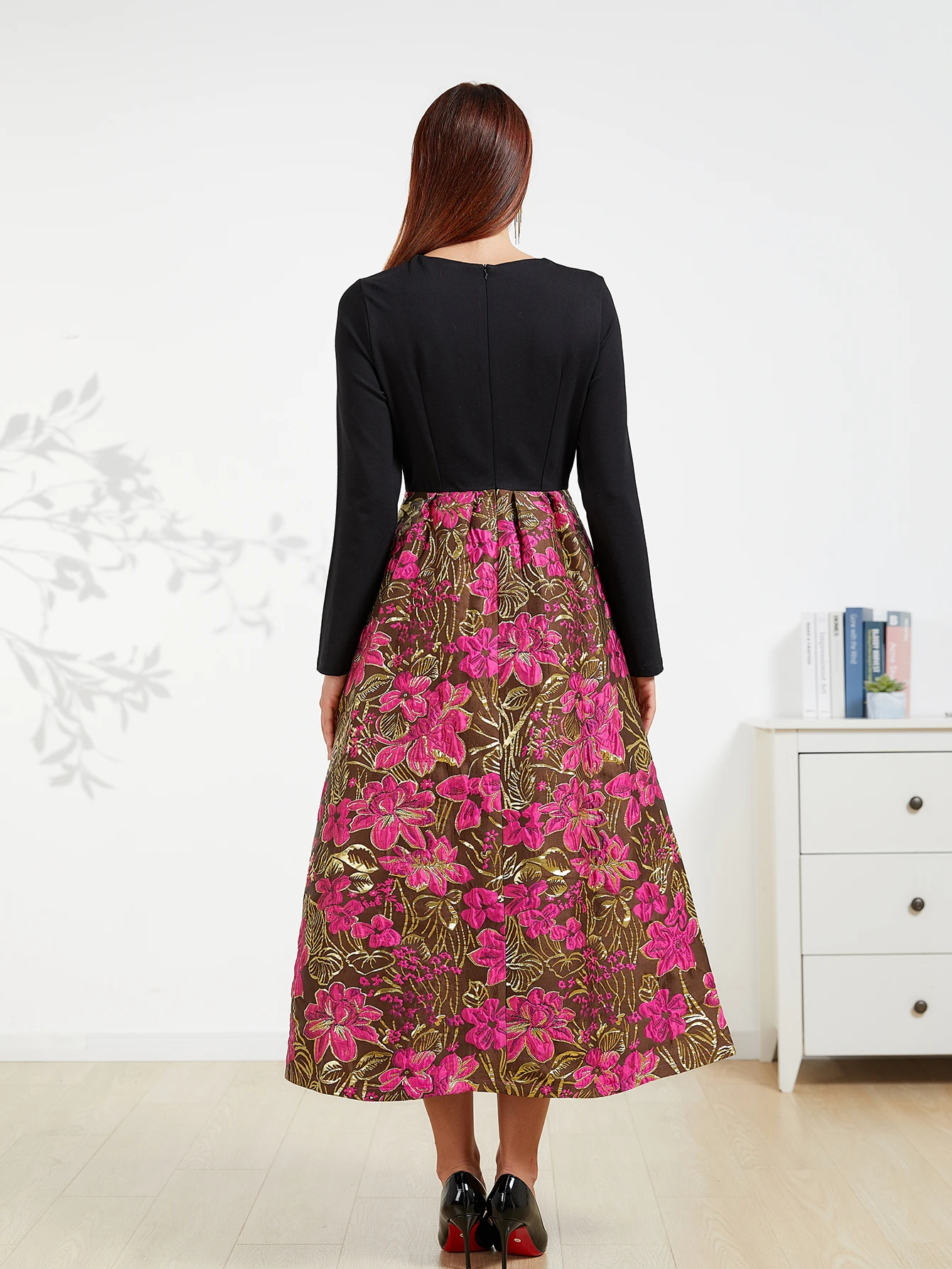 DEVCHATA Quality Vintage Women Jacquard Dress New Elegant Evening Dresses Spliced ​​Spring Autumn Floral Ball Long Gown