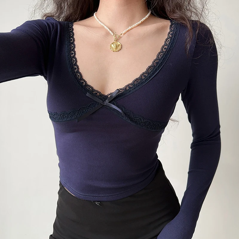 HELIAR donna Patchwork pizzo scollo a v Slim Sexy t-Shirt Y2k Crop Top manica lunga Solid Tees Streetwear camicetta ufficio camicia autunno
