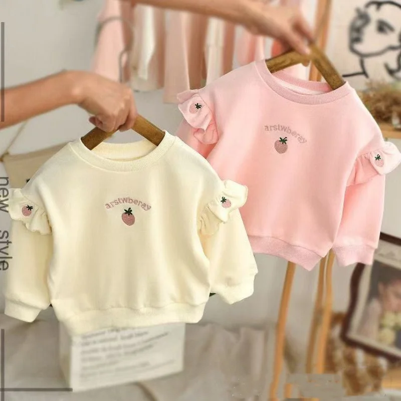 

Kids T-Shirts Spring and Autumn New Childrens Hoodie Lotus Leaf Sleeves Embroidered Fashion Top Babys Stylish Round Neck Clothes