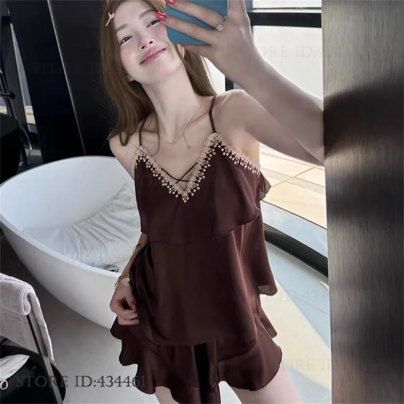 Sexy Lace Backless Lingerie Sets Womens Pajamas Loungewear Summer New Satin Sleepwear Pyjama Femme Loose Homewear Pijamas Suit 4