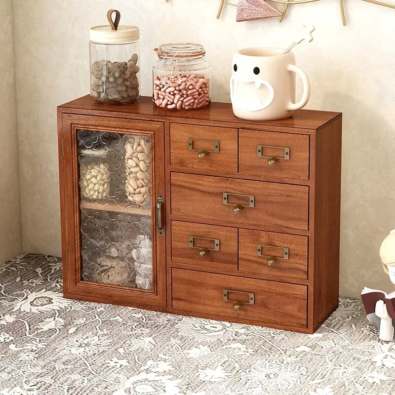 Stable Durable Solid wood drawer tea storage box desktop jewelry box transparent storage cabinet