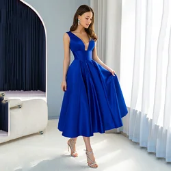 Simple Deep V-neck Royal Blue Cocktail Dresses A-line Satin Short Wedding Party Gown Tea Length Vestido de Festa