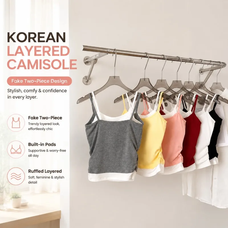 Korean Sweet Coquette Fake Two-piece Cami Top for Women Pleated Design Built-in Bra Pads Outerwear Inner Layering Blouse Youth