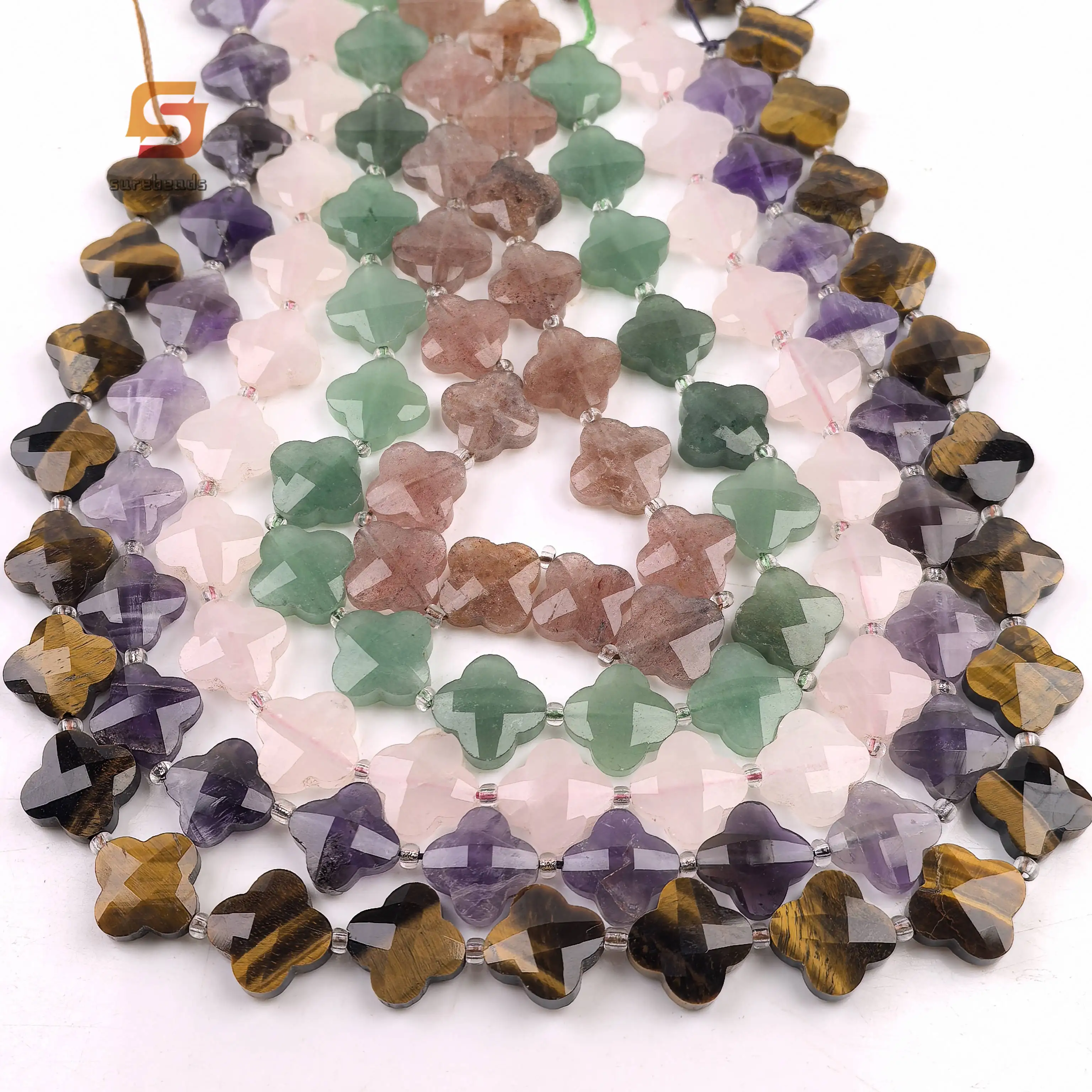 

15.5"strand Natural Stone Four Leaf Clover Loose Beads Bulk,Faceted Amethyst Rose Quartz Gems Pendant Necklace Jewelry Making