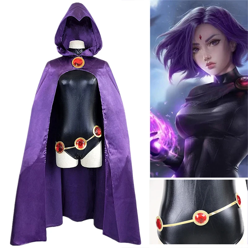 วัยรุ่น Titans คอสเพลย์ Raven ชุดคอสเพลย์ผู้หญิงซูเปอร์ฮีโร่เสื้อคลุม Jumpsuits Zentai เอวเครื่องประดับฮาโลวีนอะนิเมะ