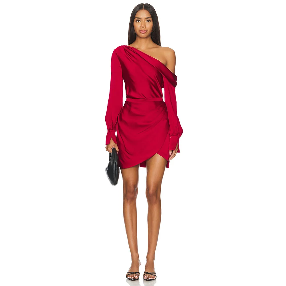 

Burgundy Cocktail Dress One Shoulder Satin Mini Short Sheath Party Gown Modern Evening Homecoming Dress Long Sleeves Saudi Dress