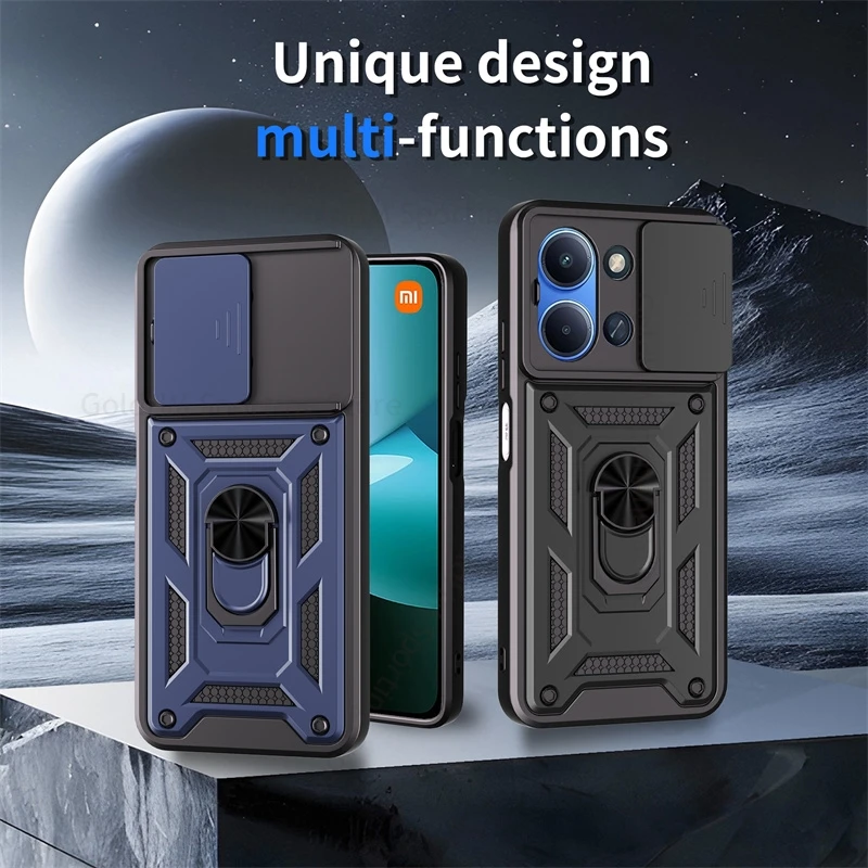 

Armor Shockrpoof Hybrid Heavy Duty Case For Redmi 15C 14C 13C Magnetic Ring Stand Slide Lens Cover Redmi Note 14 12 13 Pro Plus