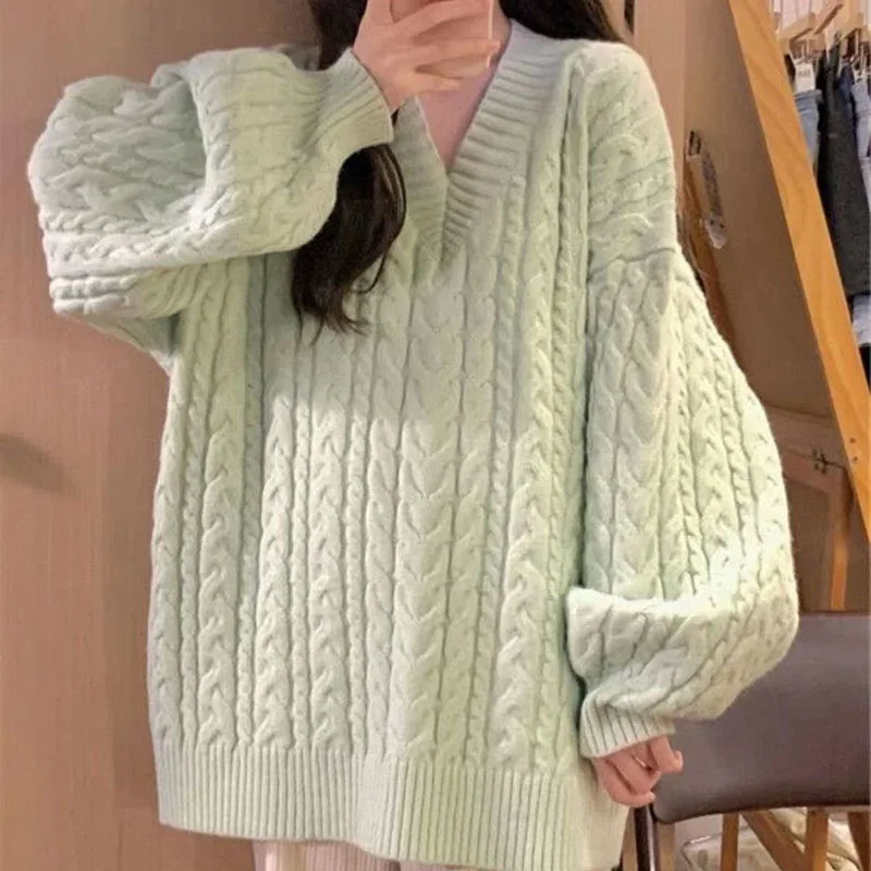 Lucyever Autumn Winter Women Sweater Lazy Style Oversized Thick Long Sleeve Knitted Pullover Female Korean Loose V-Neck Jumper