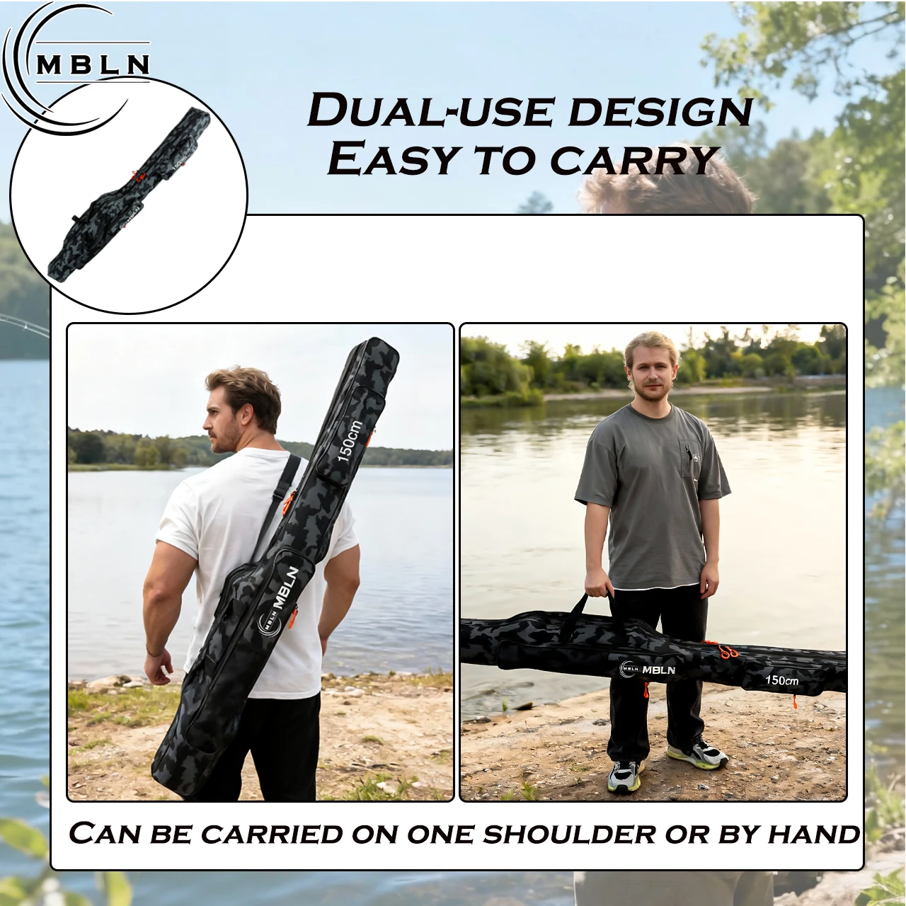 1pc MBLN Double-Layer Foldable Large Capacity Fishing Bag, 1.5m Backpack Rod Bag, Multi-Functional Tackle Storage