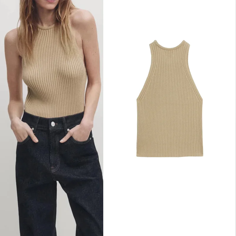 

Облегающий круглый жилет Ne Svel с коричневыми ребристыми ремешками, новый летний женский модный топ MD из полиэфирного волокна, 00% обычная длина