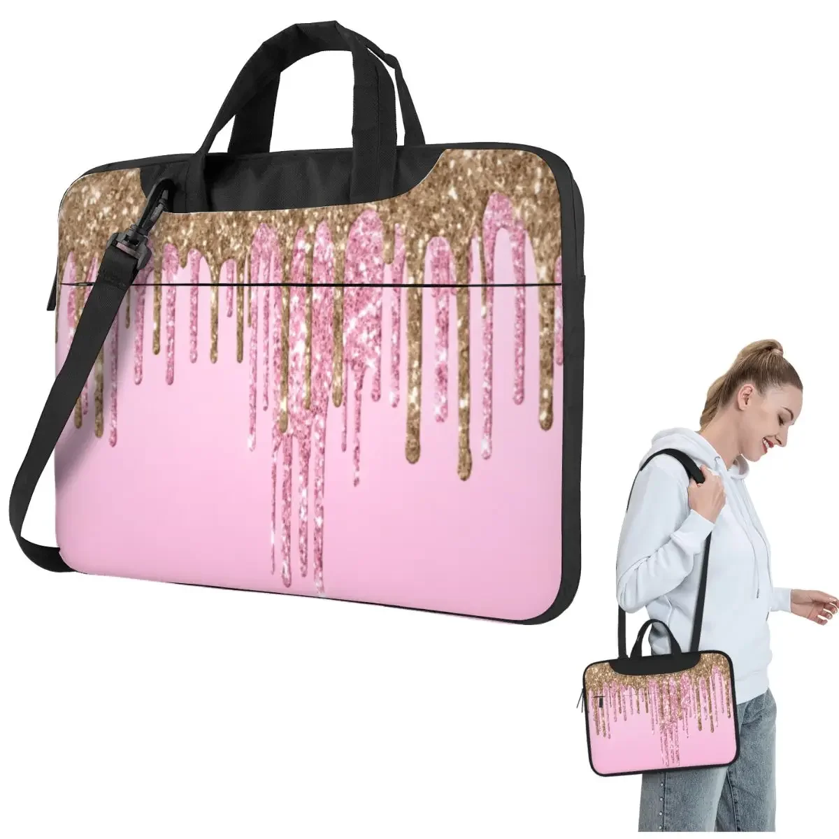 Black And Gold Glitter Pattern Crossbody Laptop Bag Case Computer Bag 13 14 15.6 Inch Notebook Pouch for Macbook Pro Lenovo