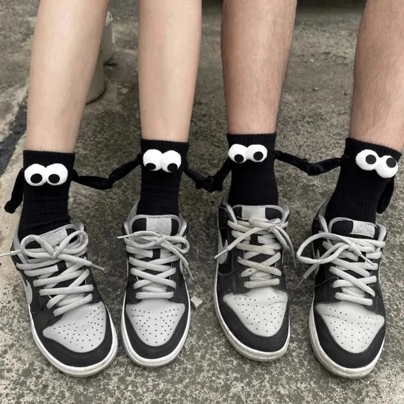 1-10Pairs Couple Magnetic Hand Socks 3D Cartoon Eyes Cotton Mid Calf Fun Interactive Sock for Lovers Friends Christmas Gift