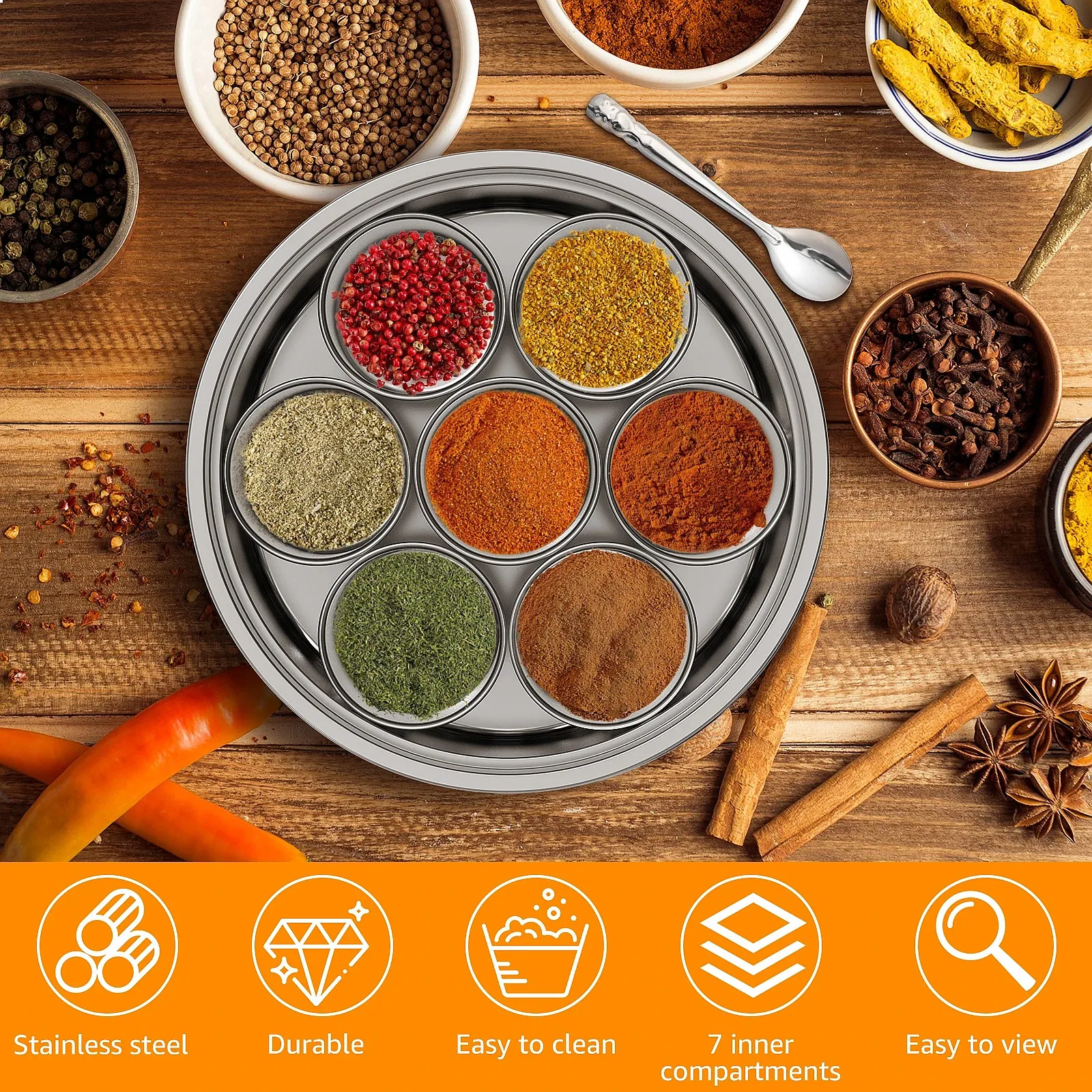 Masala Dabba Stainless Steel 7 Compartments Spice Box with Transparent Lid
