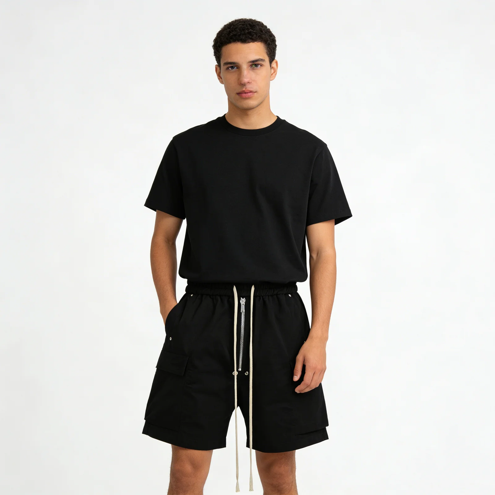 Pantalones cortos cargo con cremallera para hombre, cintura elástica con cordón, cierre de cremallera, bolsillos utilitarios, estilo retro Y2K, streetwear, shorts negros de sudadera, oversize