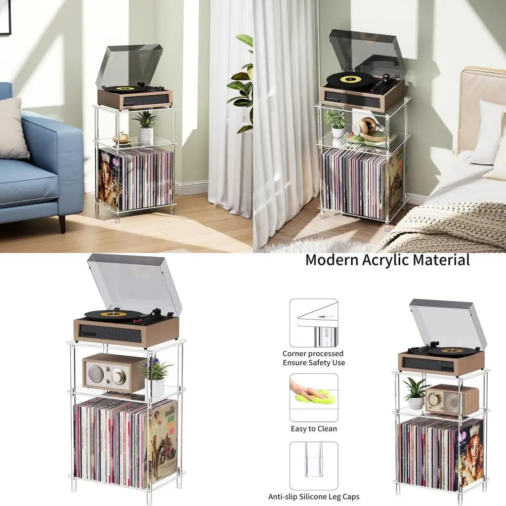 

Компактная 3-ярусная акриловая подставка для пластинок с местом для хранения, идеально подходит для гостиной и спальни