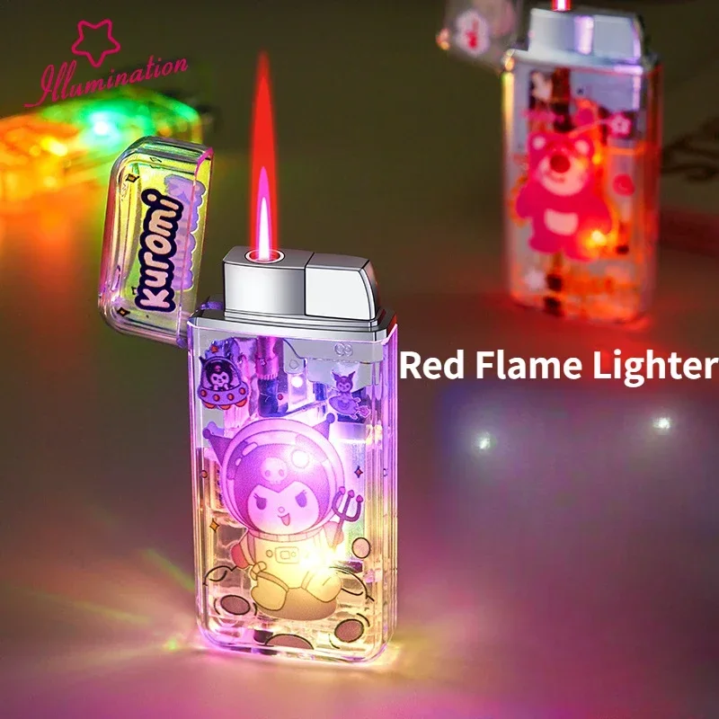 New LED Color Light Transparent Windproof Red Flame Lighter Cartoon Pattern Inflatable Lighter Smoking Accessories Men\'s Gifts