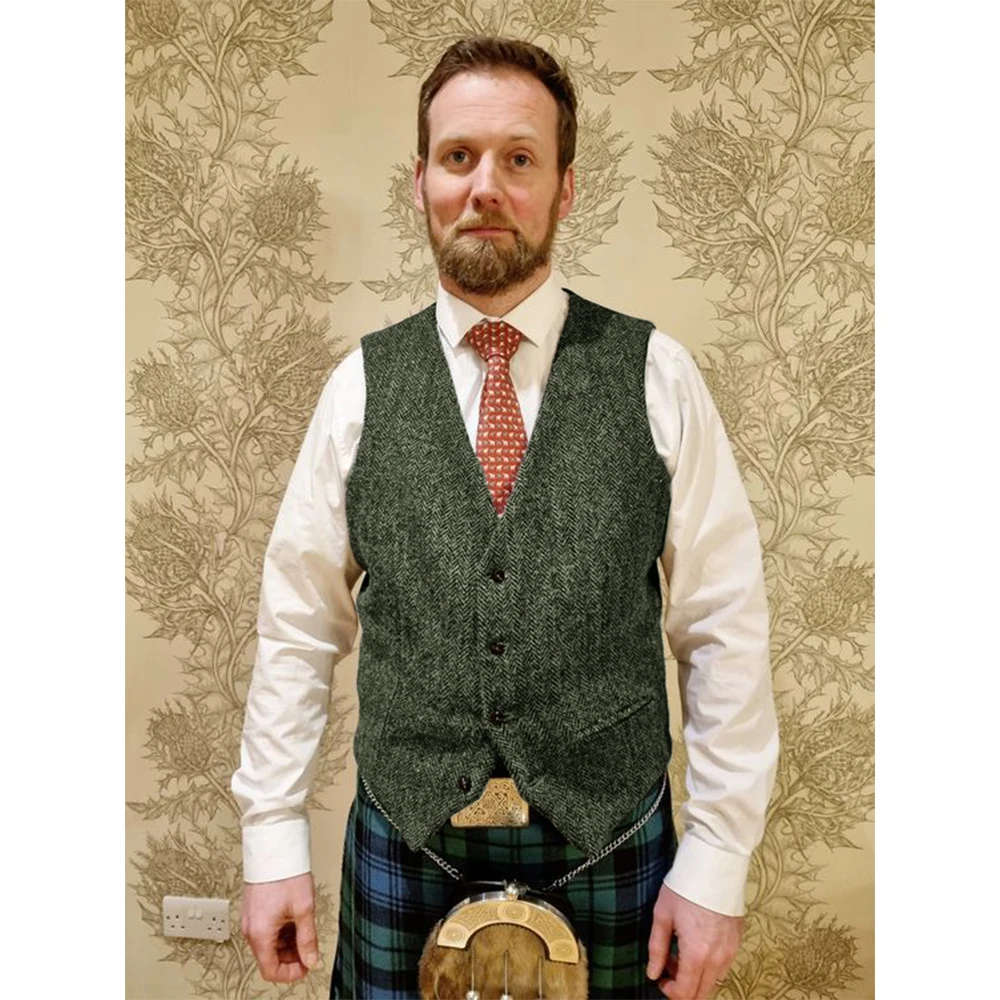 Retro Men's Vest Suit Herringbone Tweed Vests Satin Back Dinner Party Single Breasted Sleeveless Waistcoat Male Dress Casual