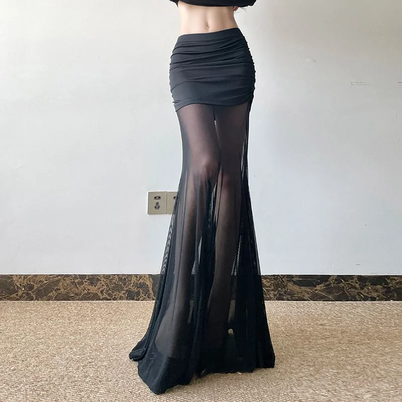 Temperamento Color sólido malla empalme falda plisada cadera-abrazo Slim Fit Hot Girl