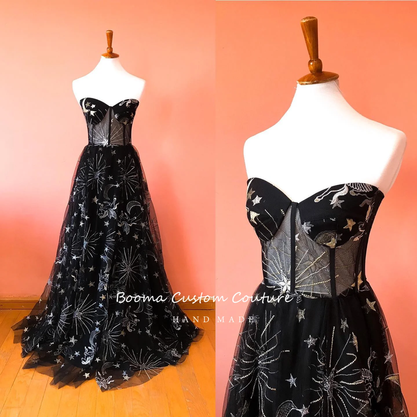 Booma Black Constellation ricamo Tulle Maxi abiti da ballo Sweetheart senza maniche Illusion a-line abiti da sera lunghi formali