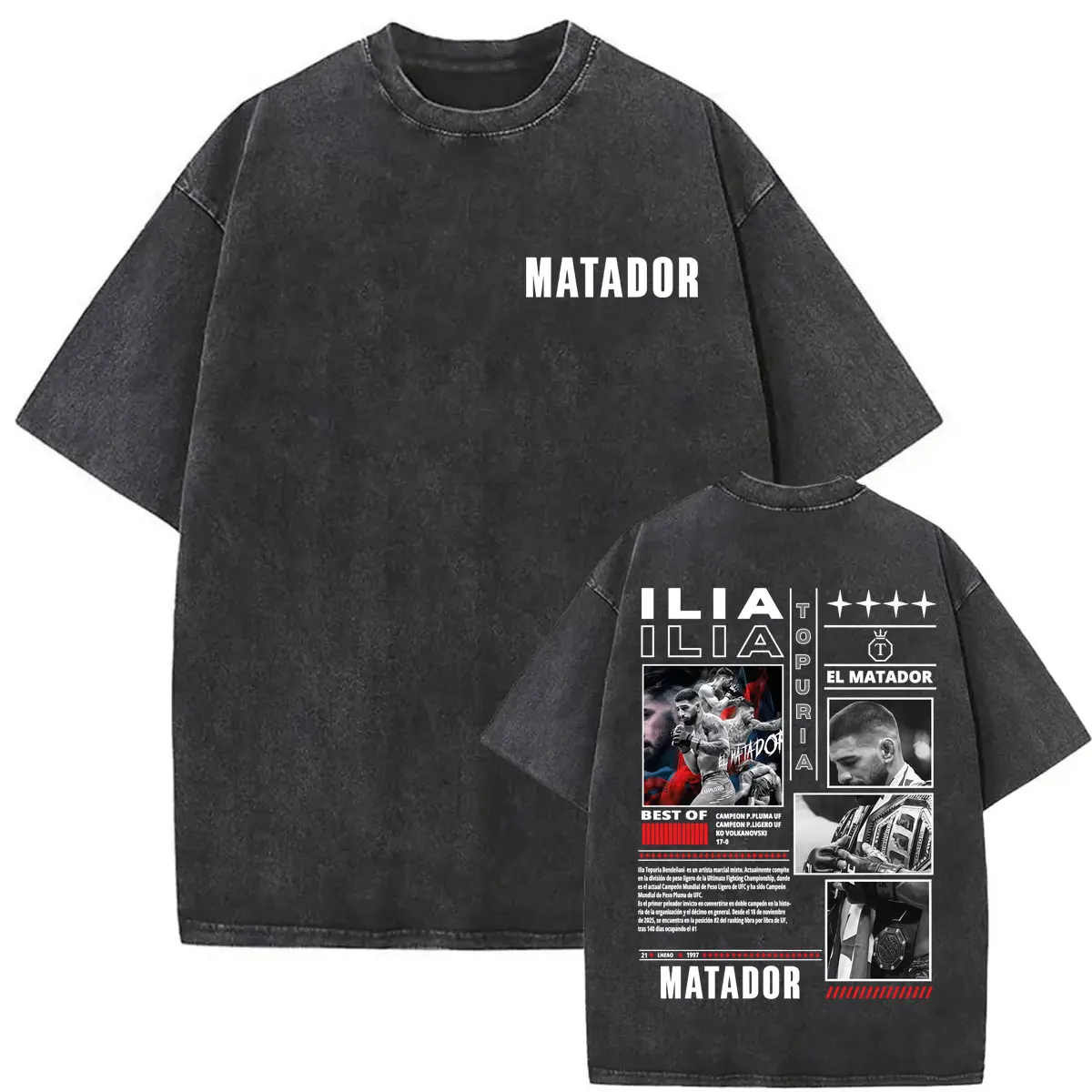 Camiseta Vintage Lavada El Matador Ilia Topuria La Leyenda para Hombre, Estilo Harajuku Gótico Clásico, Camisetas de Verano, Camiseta Cómoda con Cuello Redondo