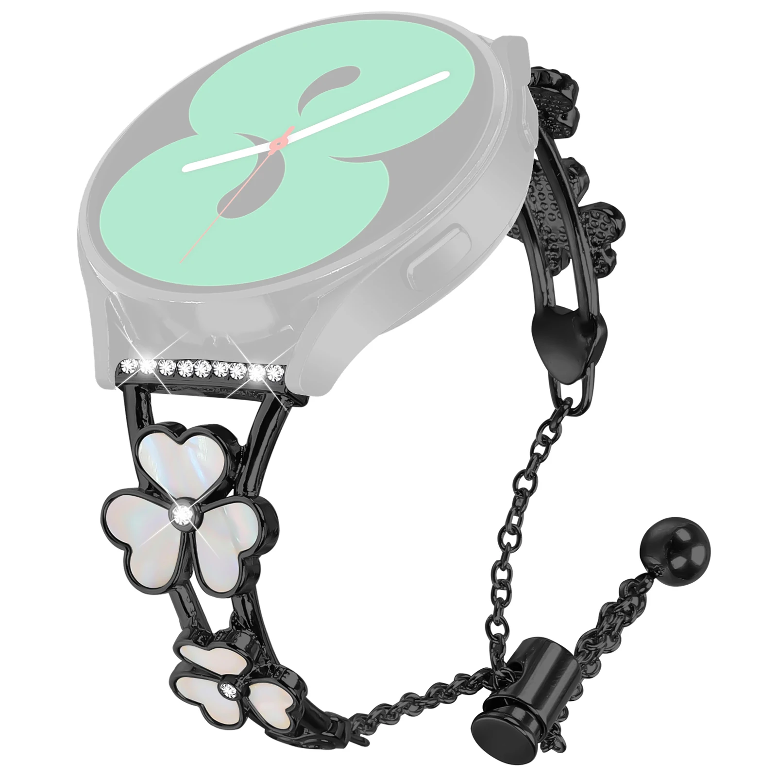 

For Samsung Galaxy Watch4 40mm 44mm Watchband Heart Clover Decor Zinc Alloy Metal Strap - Black